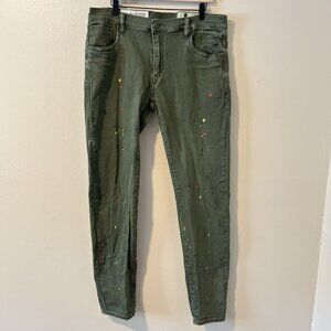 industrial indigo jeans Green Painted 38x34 Y2K Art To Wear Abstract Retro Mens